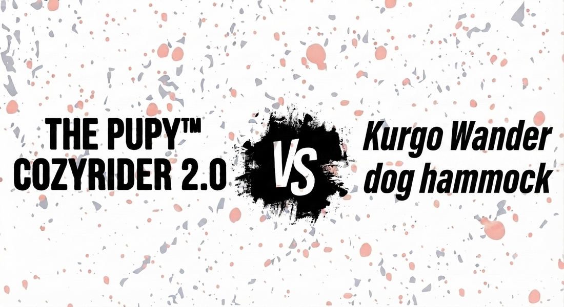 The Pupy CozyRider 2.0 hard bottom dog car seat cover versus Kurgo Wander hammock comparison title graphic