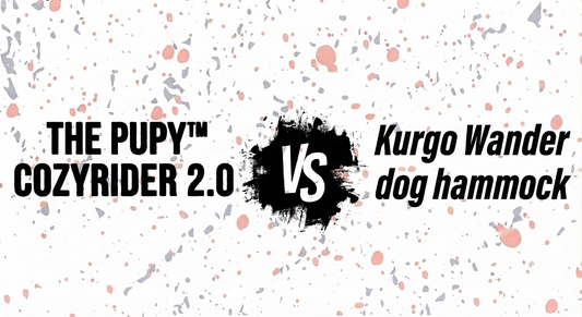 The Pupy CozyRider 2.0 hard bottom dog car seat cover versus Kurgo Wander hammock comparison title graphic