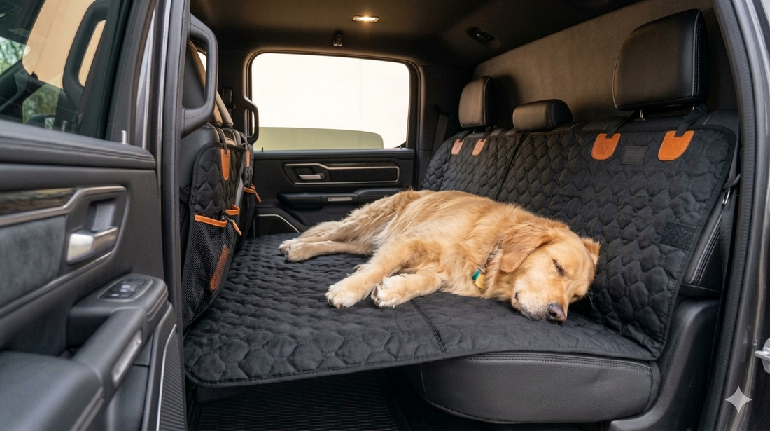 Golden retriever resting on a CozyRider 2.0 hard-bottom dog car seat cover in a Ram 1500 back seat
