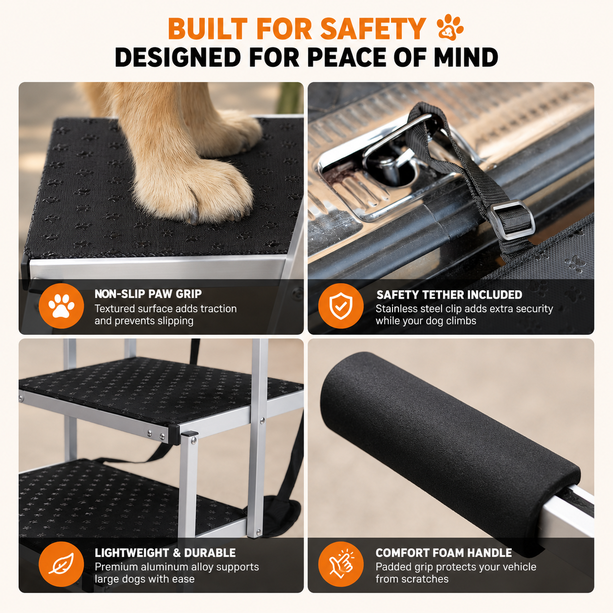 A 2x2 infographic showing close-up feature highlights of a black metal dog grooming lift. The panels include a dog's paw on the textured non-slip platform, a stainless steel safety clip with a black safety tether, the two-step aluminum frame, and a close-up of the padded black foam handle.