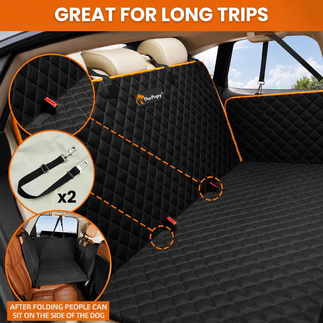 Black quilted car hard bottom seat cover set shown installed inside a vehicle trunk, with orange trim. The image includes marketing text reading 'GREAT FOR LONG TRIPS' and three circular inset callouts showing the strap hardware and folded side seating area. - The Pupy