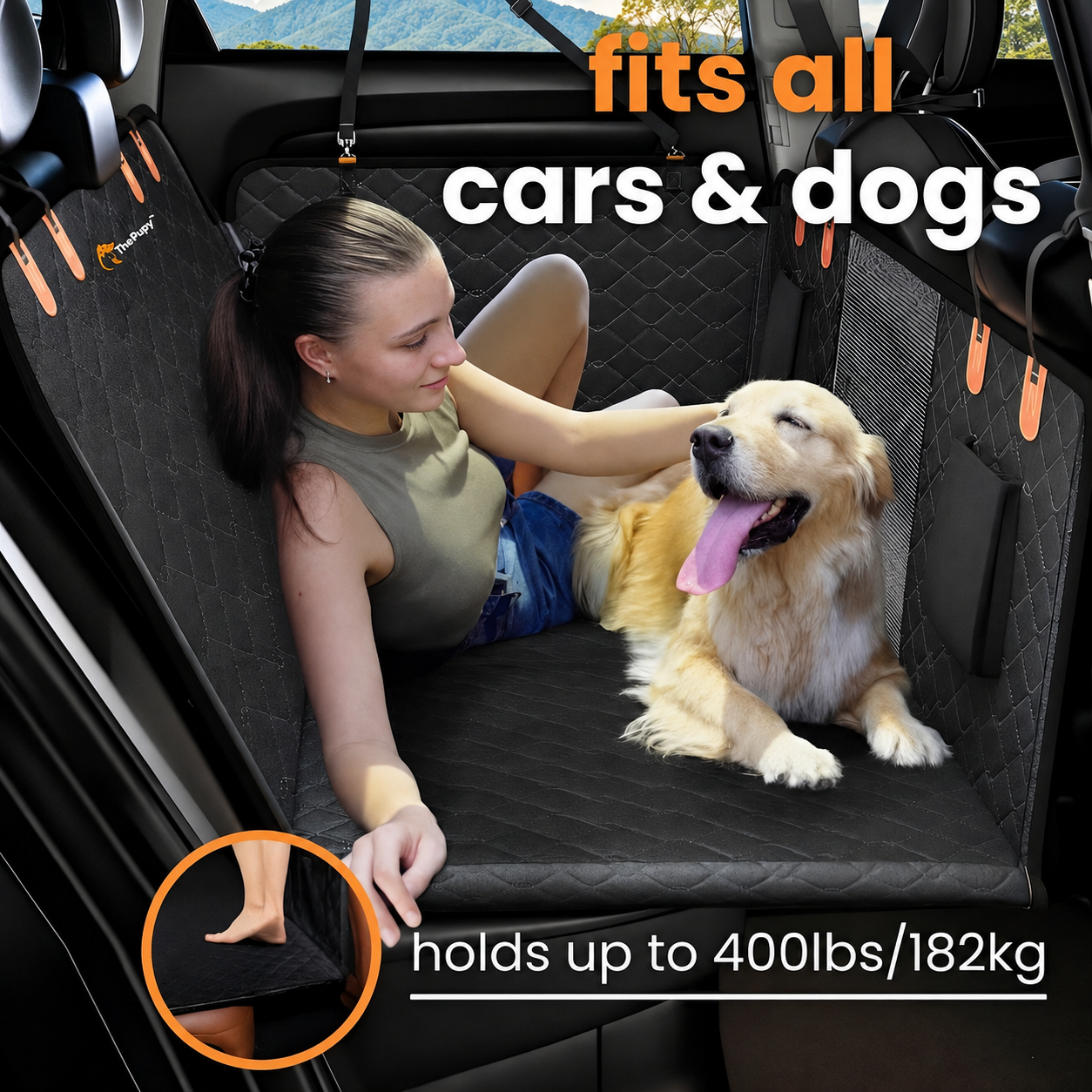 Car seat cover for pets with a dog and person inside, text indicating fit for all cars and dogs - hard bottom back seat cover for dogs 400lbs heavy duty car seat extender black - The Pupy