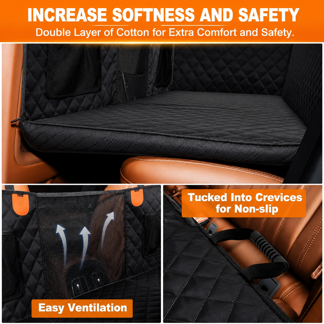 A black quilted hard bottom car seat cover shown installed inside a vehicle, with text overlays highlighting features such as increased softness and safety, double layer of cotton, ventilation, and non-slip crevice tucking. The seat is brown leather, and the product is black with orange accent tabs.- The Pupy