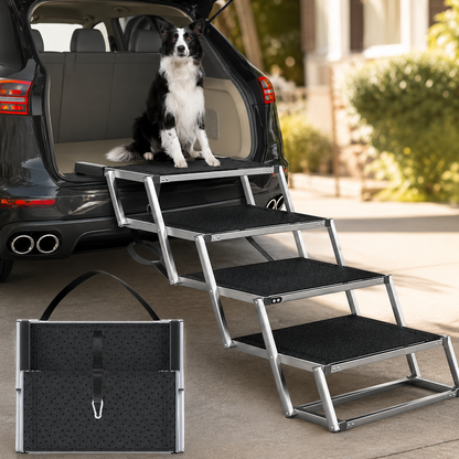 A four-step metal pet car ramp with black textured steps is shown deployed between the open trunk of a black SUV and a driveway. A black-and-white dog sits on the top step. - The Pupy 