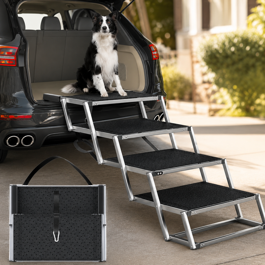 A four-step metal pet car ramp with black textured steps is shown deployed between the open trunk of a black SUV and a driveway. A black-and-white dog sits on the top step. - The Pupy 