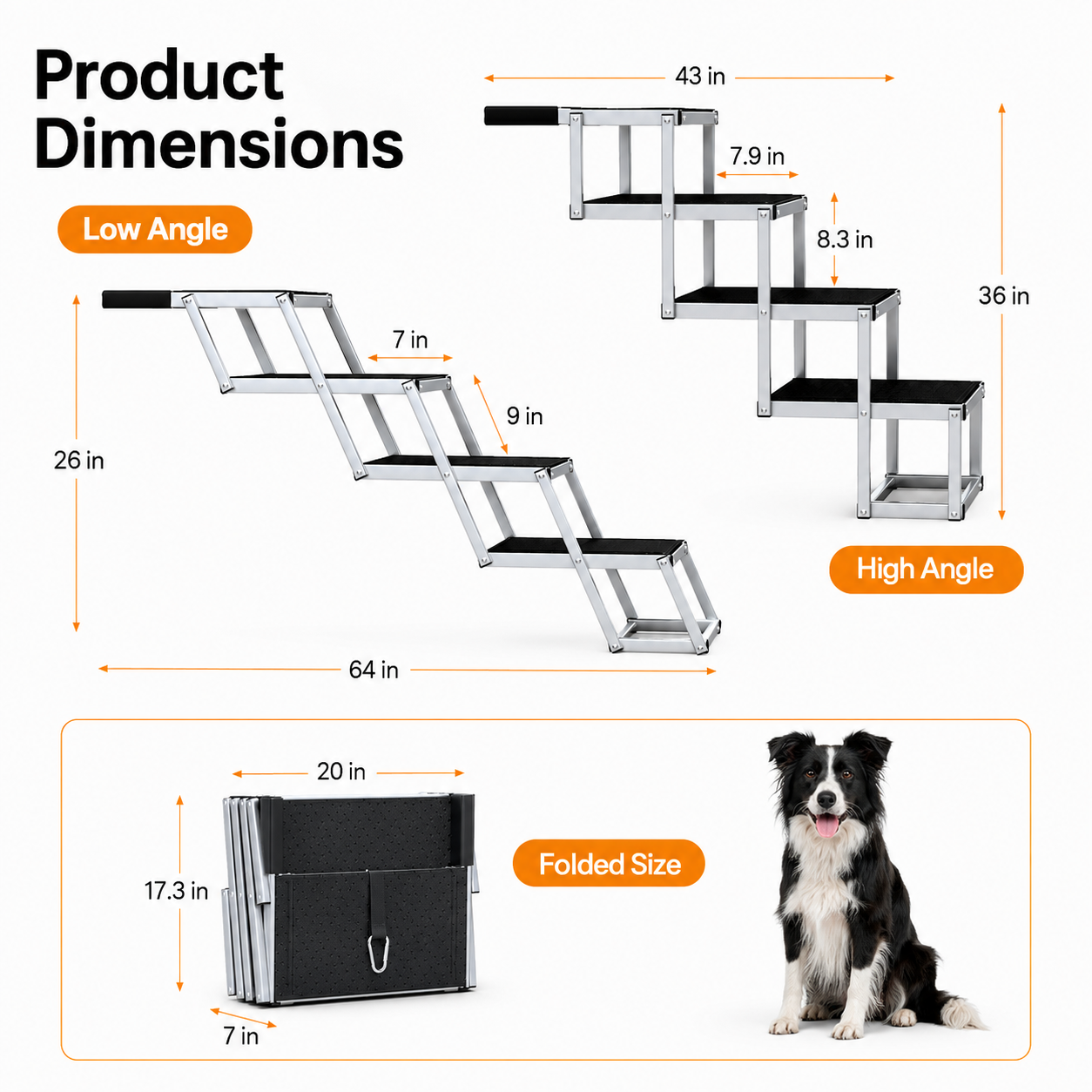 Product dimensions diagram for a pet staircase, showing low and high angle measurements, folded size, and a small black-and-white dog on a white background. - The Pupy 