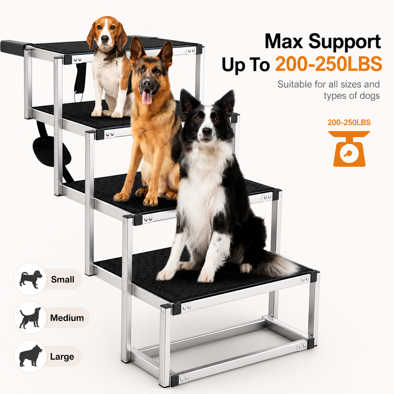 A three-step metal pet grooming or exercise platform with black textured mats, shown with three dogs sitting on each step. The image includes text stating 'Max Support Up To 200-250LBS' and size icons labeled Small, Medium, and Large. - The Pupy 