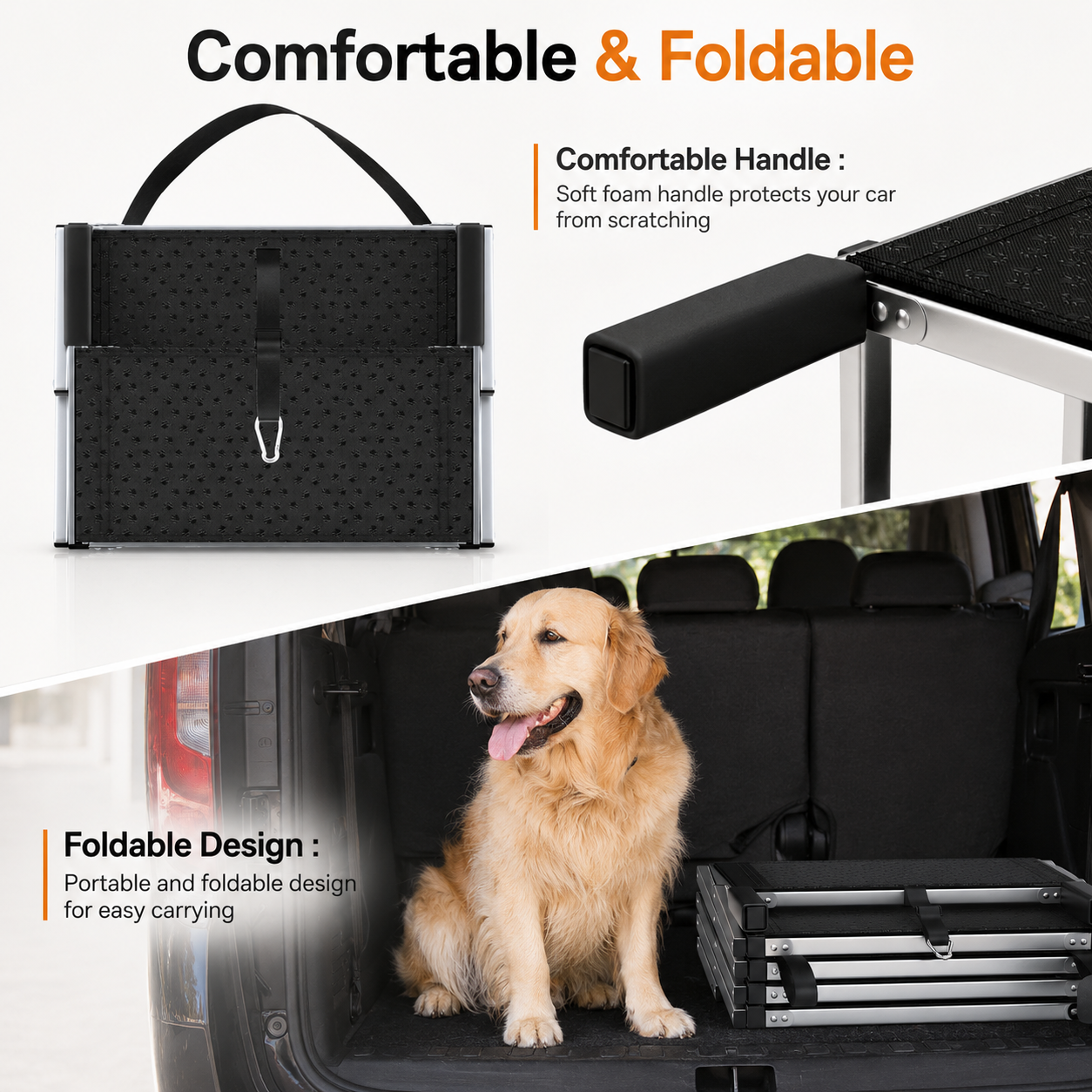 A black foldable car trunk organizer shown in a composite marketing layout. The top-left panel shows the folded organizer with a foam handle on a white background, with text describing the handle. - The Pupy 