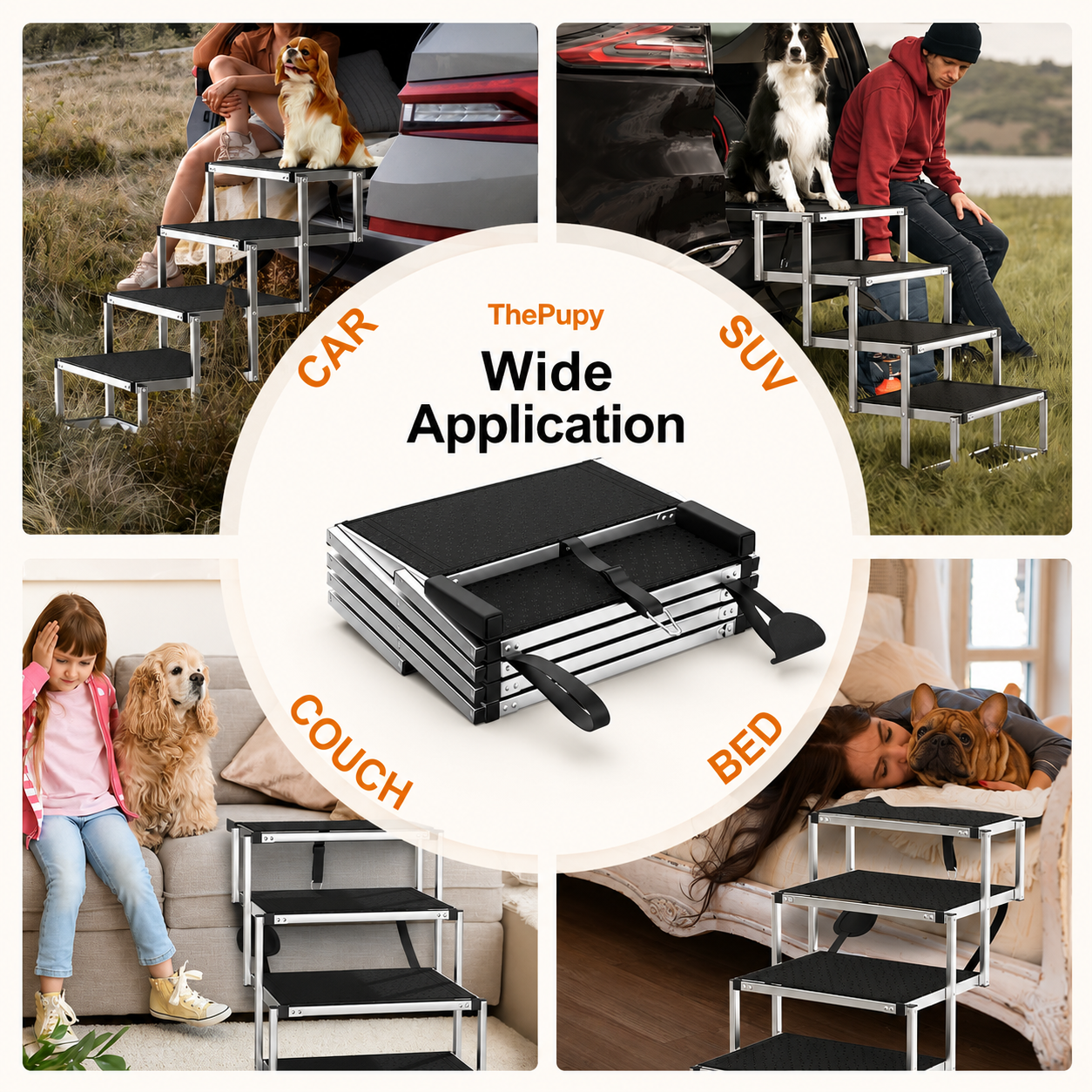A collage showing a foldable metal pet staircase with black steps in multiple real-life settings: beside a car, on a couch, and next to a bed, with dogs and a person sitting on it. A large central label reads 'ThePupy Wide Application' and includes text for car, SUV, and bed use. - The Pupy 