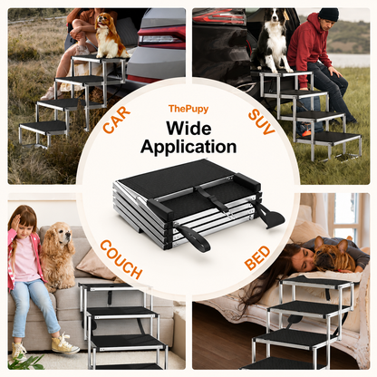 A collage showing a foldable metal pet staircase with black steps in multiple real-life settings: beside a car, on a couch, and next to a bed, with dogs and a person sitting on it. A large central label reads 'ThePupy Wide Application' and includes text for car, SUV, and bed use. - The Pupy 