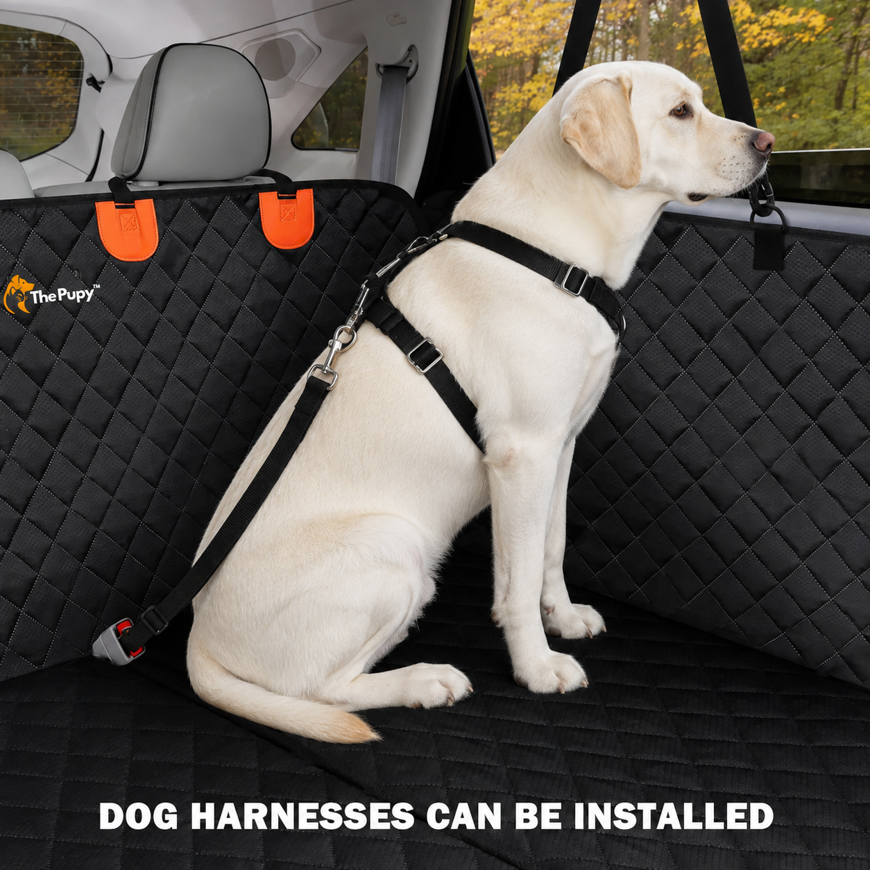 A white Labrador retriever sits on the hard bottom seat cover of a vehicle wearing a black harness attached to the quilted black cargo liner. The image includes the text 'DOG HARNESSSES CAN BE INSTALLED' at the bottom and the 'The Pupy' brand logo on the left | best dog car seat cover with harness slot rear seat protector large dog