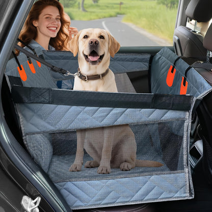 Dog sitting in a car with a single rider from The Pupy brand/ pet safety barrier, smiling woman in the background