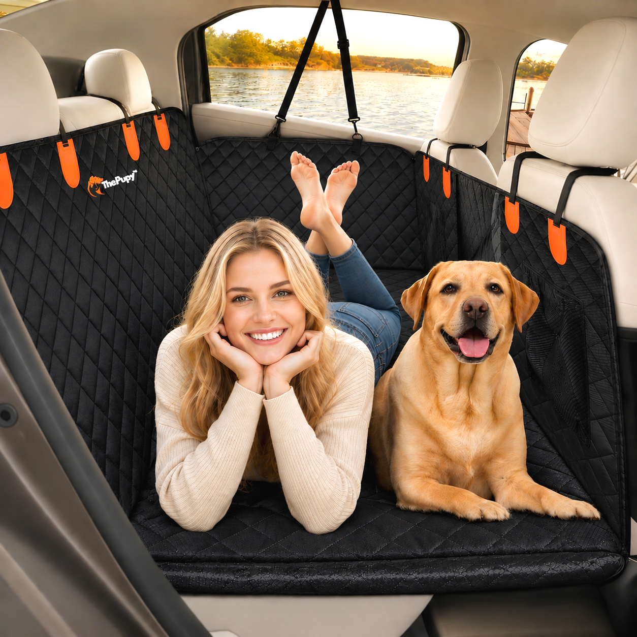 Hard bottom rear seat cover for dogs spacious dog, back car seat covers with woman and large dog in SUV  - The Pupy