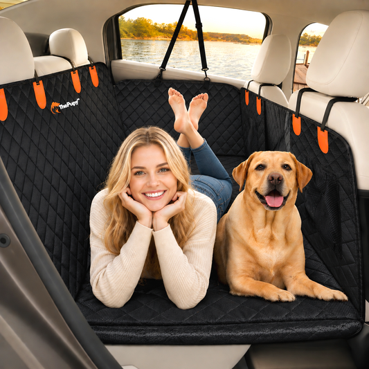Hard bottom rear seat cover for dogs spacious dog, back car seat covers with woman and large dog in SUV  - The Pupy