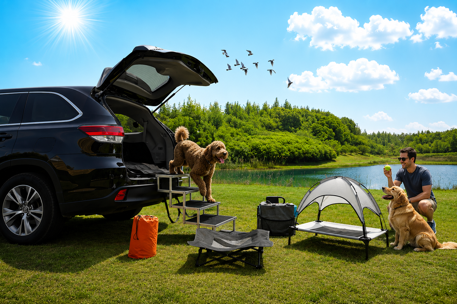Outdoor camping setup by a lake with a black SUV trunk open, a dog on a ramp, a person and a second dog, a small pop-up canopy bed, a folding pet bed, and camping gear on grass under a blue sky. - The Pupy Banner image