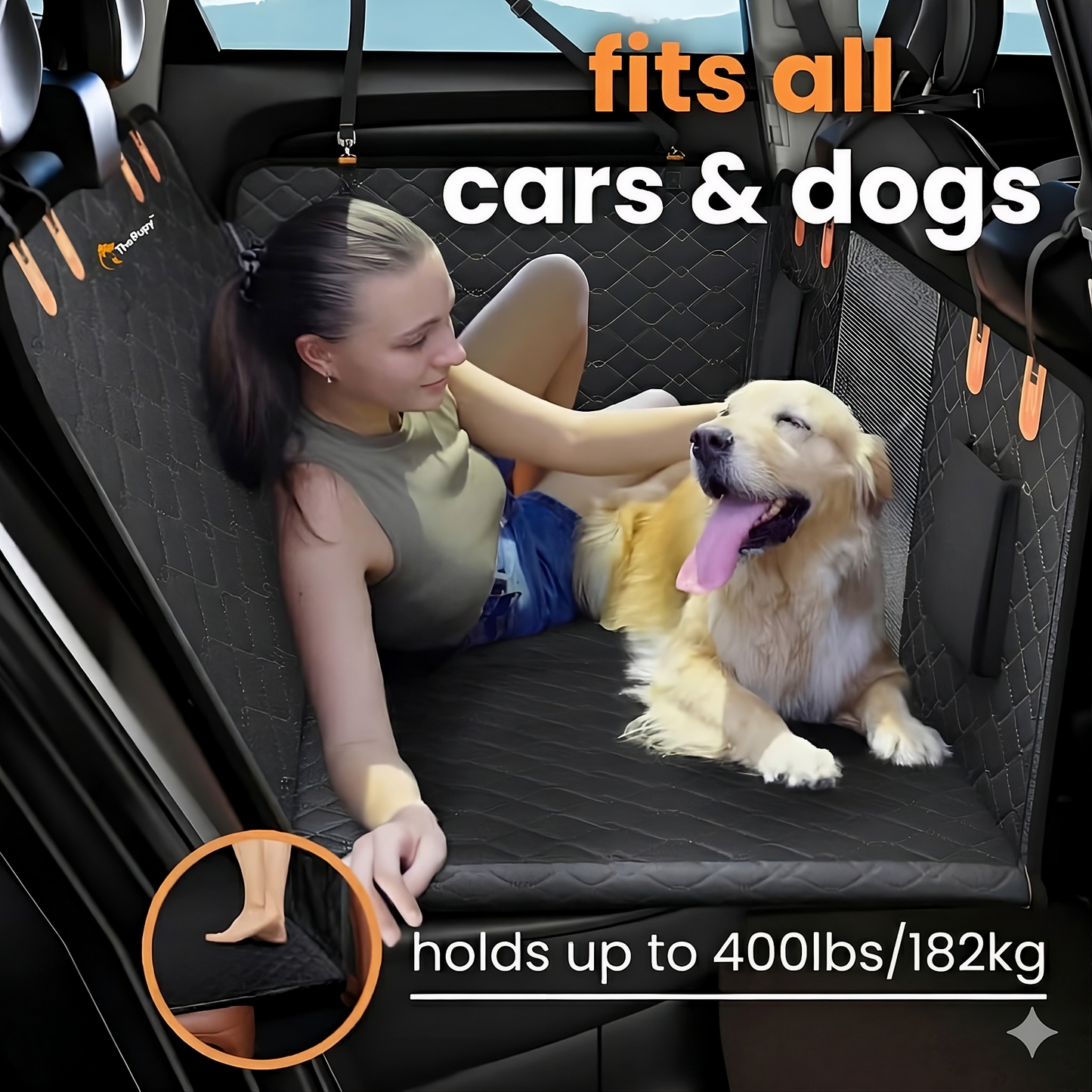 Car seat cover for pets with a dog and person inside, text indicating fit for all cars and dogs - hard bottom back seat cover for dogs 400lbs heavy duty car seat extender black - The Pupy
