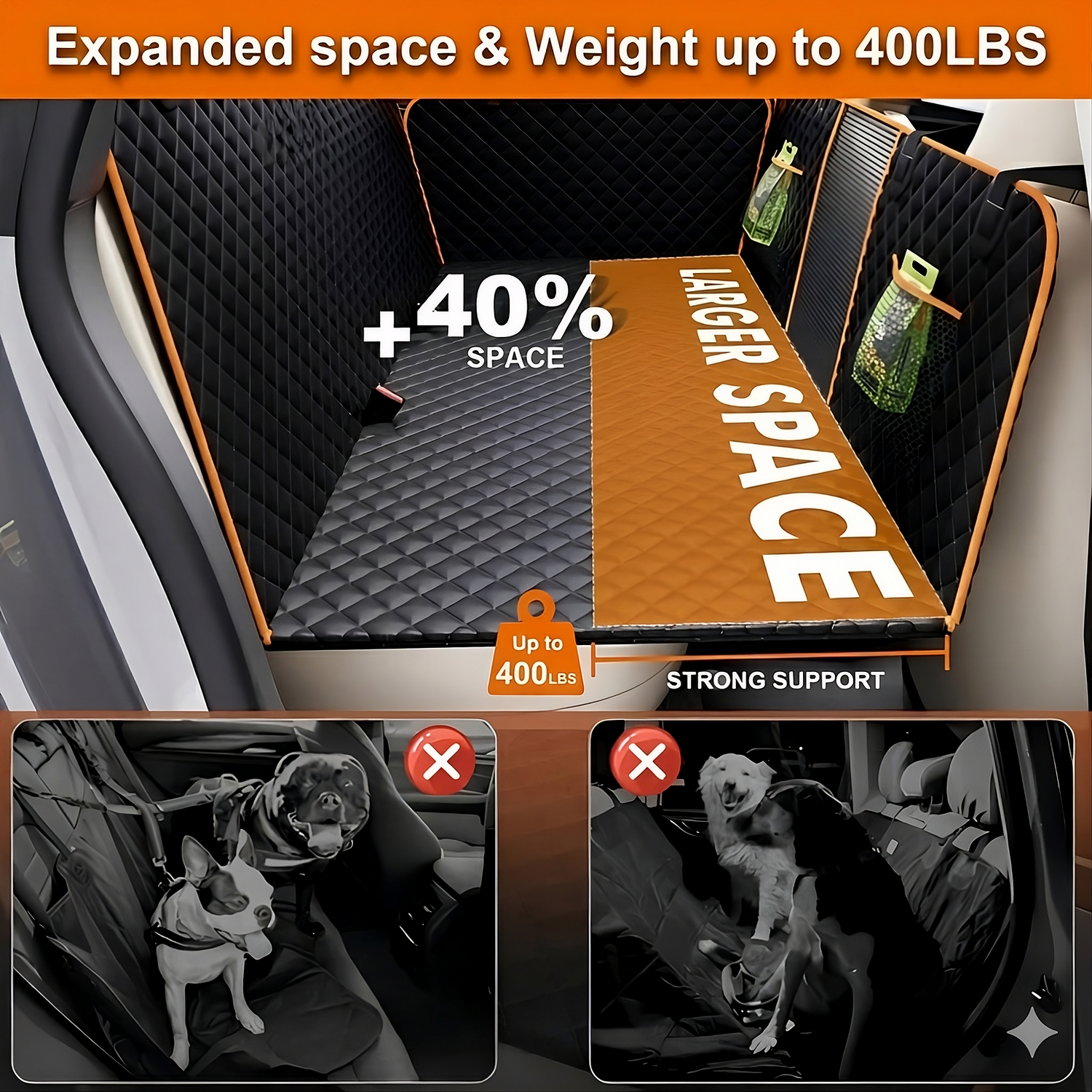 Car seat cover with text highlighting expanded space, weight capacity, and strong support/ CozyRider 2.0 hard bottom back seat extender for dogs with 40% larger space and weight capacity for SUVs and trucks