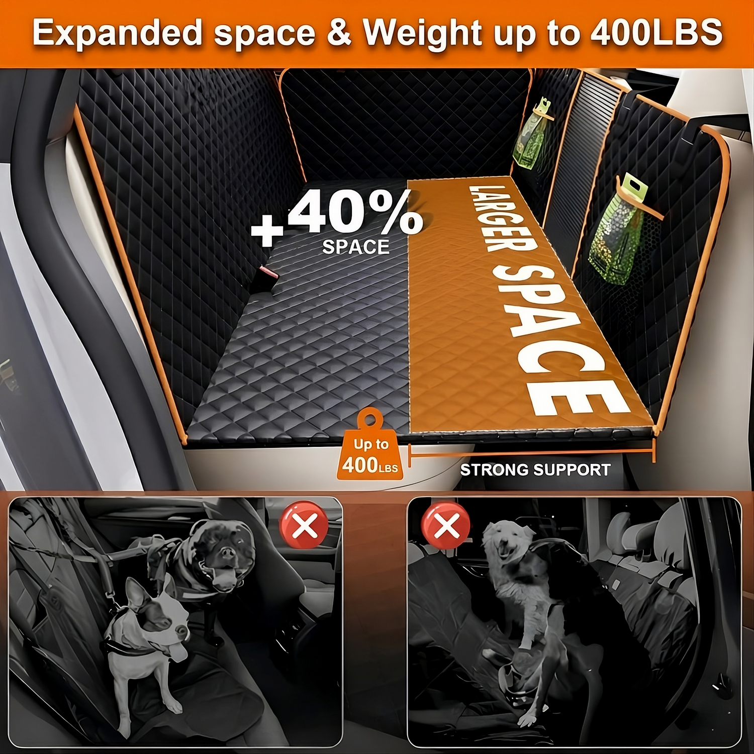 Car seat cover with text highlighting expanded space, weight capacity, and strong support/ CozyRider 2.0 hard bottom back seat extender for dogs with 40% larger space and 400lbs weight capacity for SUVs and trucks