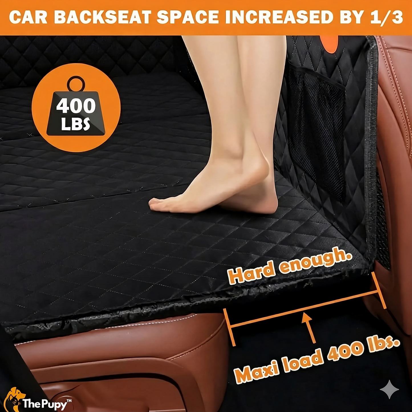 Car backseat cover with a person standing on it, showing increased space and load capacity,  hard bottom back seat cover for dogs 400lbs heavy duty car seat extender black - The Pupy
