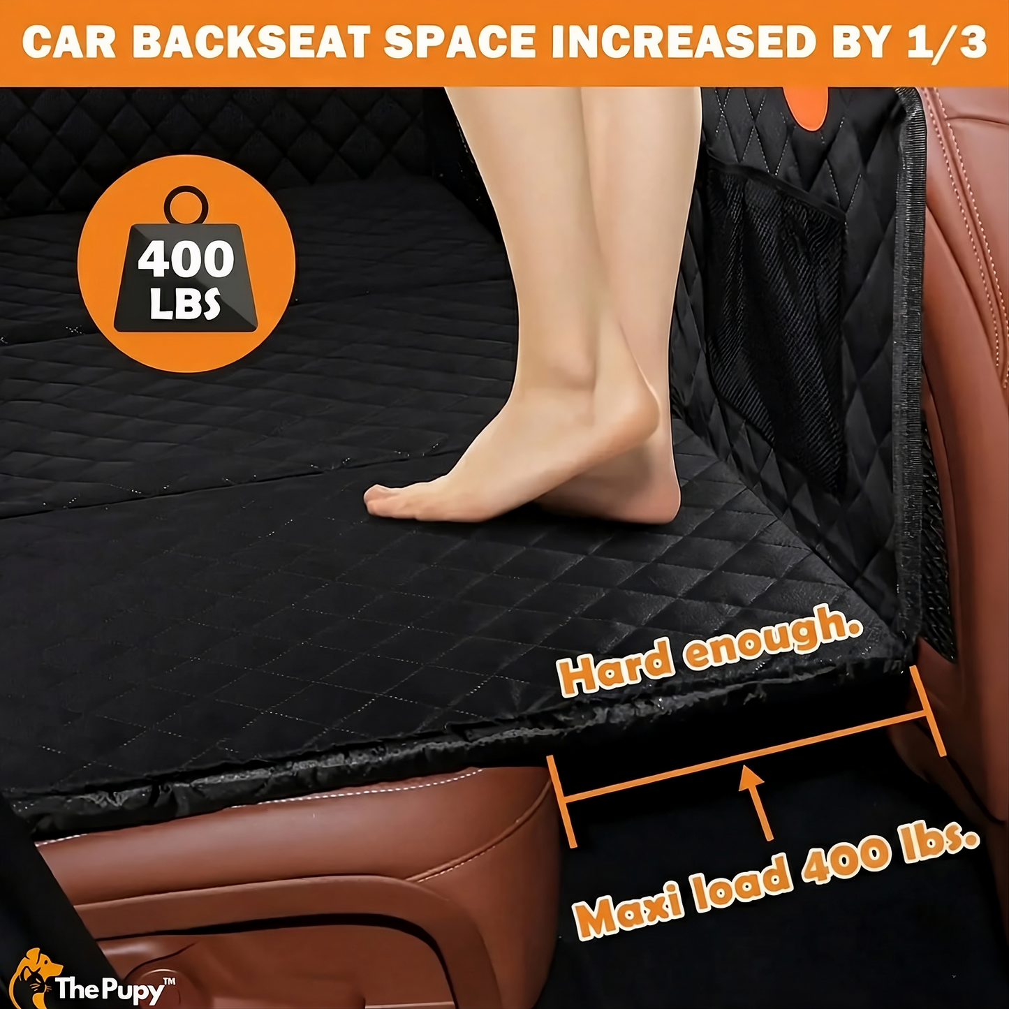 Car backseat cover with a person standing on it, showing increased space and load capacity,  hard bottom back seat cover for dogs 400lbs heavy duty car seat extender black - The Pupy